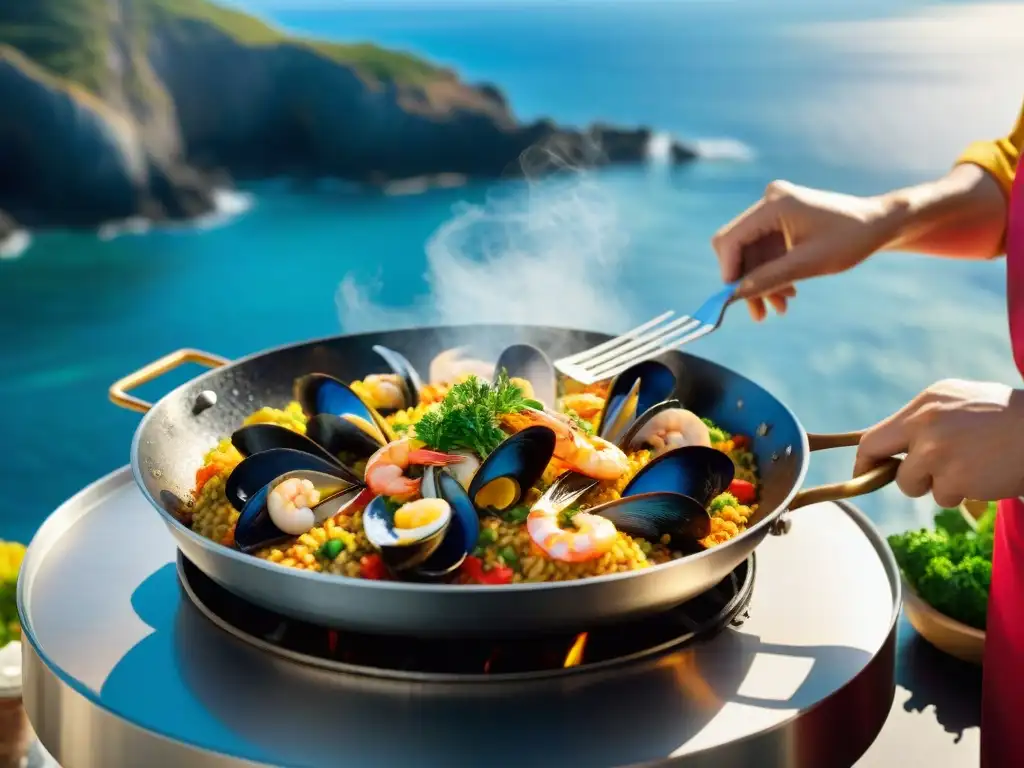 Un chef prepara una paella de mariscos en la costa, con frescos ingredientes y el mar de fondo