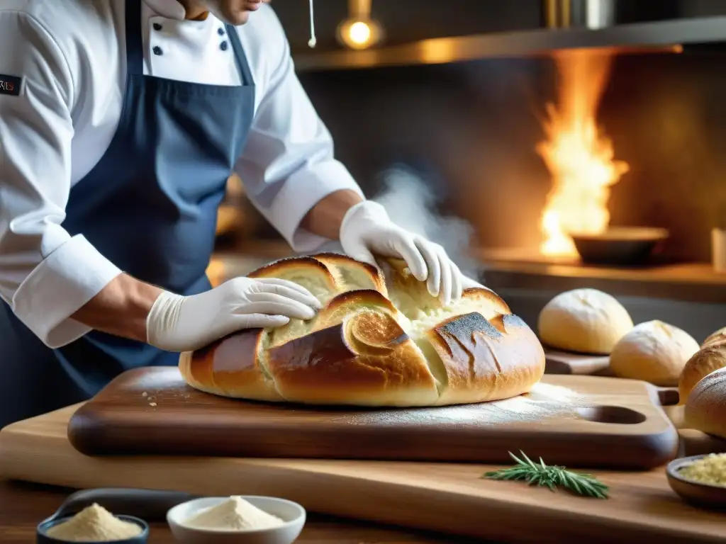 Un chef elaborando pan relleno gourmet con meticulosidad, técnicas panes rellenos gourmet