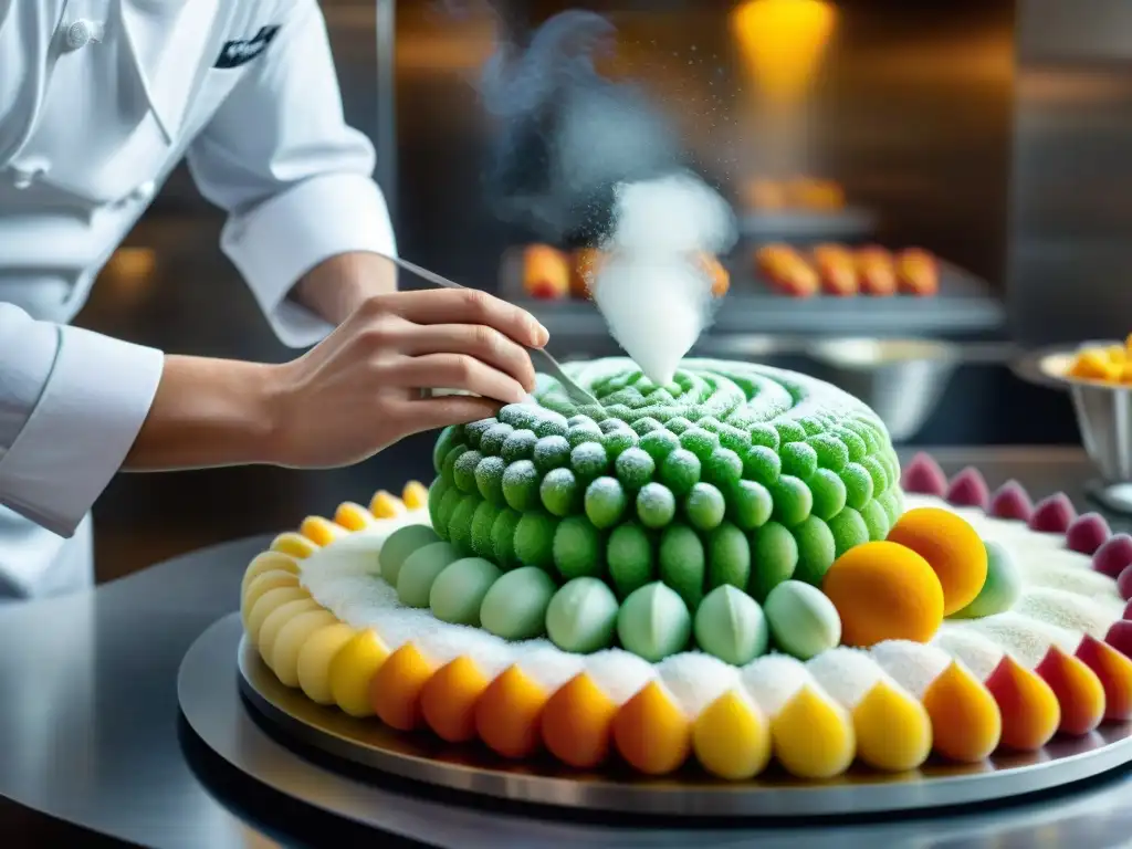 Chef pastelero creando escultura de azúcar en cocina profesional