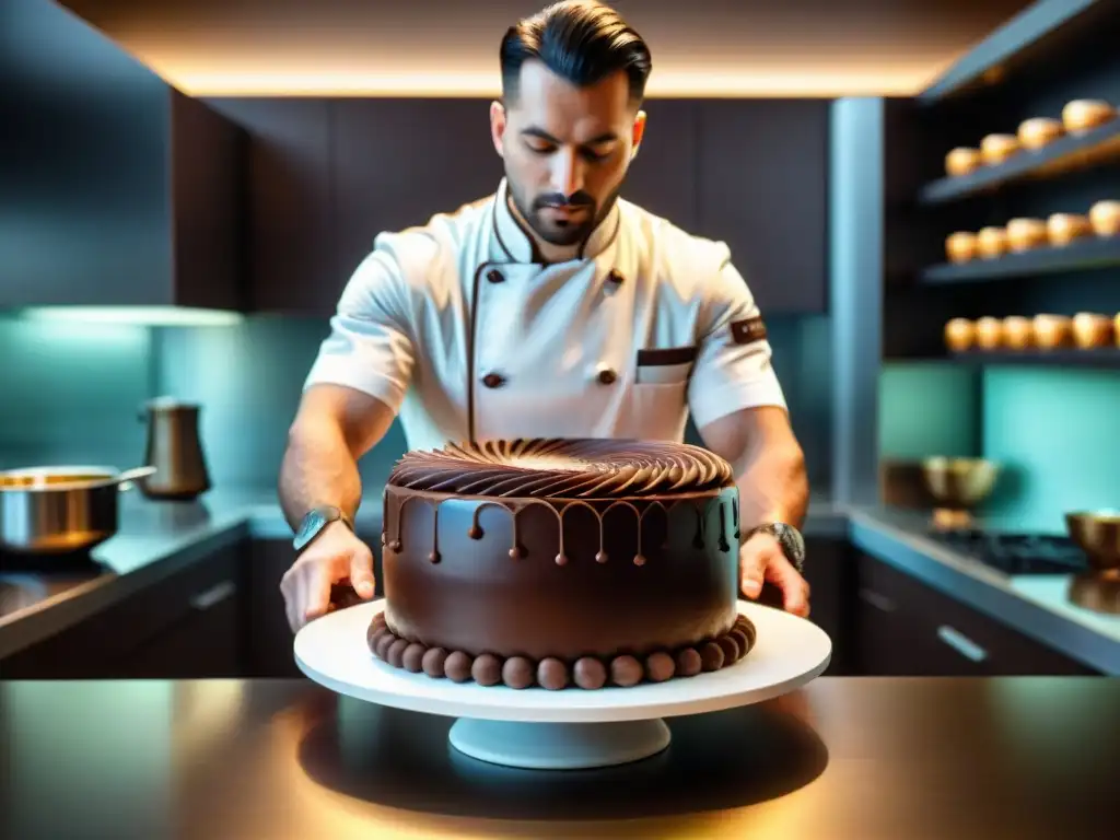 Un chef pastelero experto decorando un exquisito pastel de chocolate con técnicas vanguardia