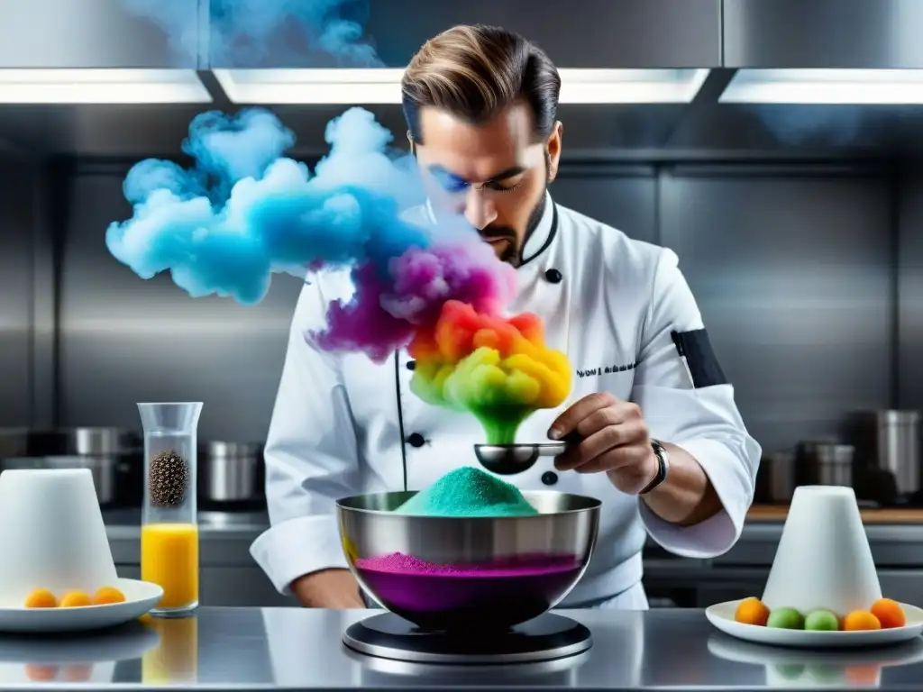 Un chef pastelero experto en Gastronomía Molecular en Postres crea postres científicos en una cocina moderna y elegante