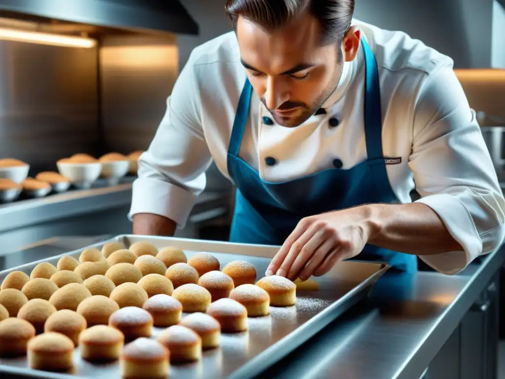 Un chef pastelero francés prepara financiers dorados con precisión en una cocina moderna