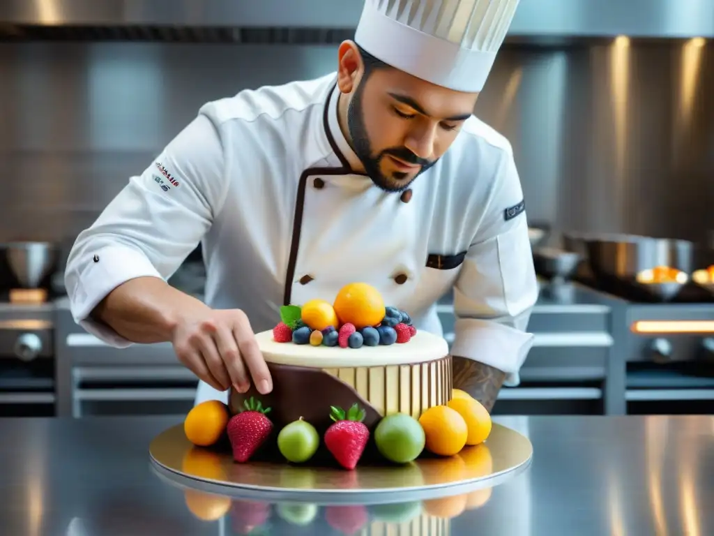 Un chef pastelero crea una obra maestra en una cocina moderna