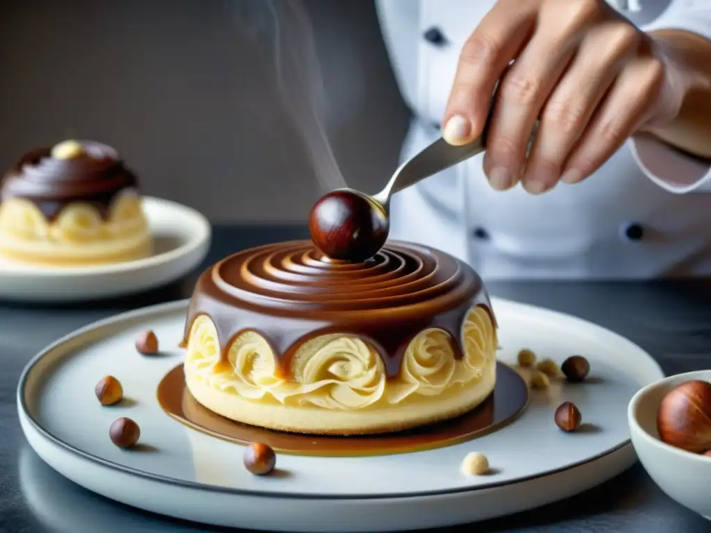 Un chef pastelero decorando con precisión un Mont Blanc pastelería gourmet