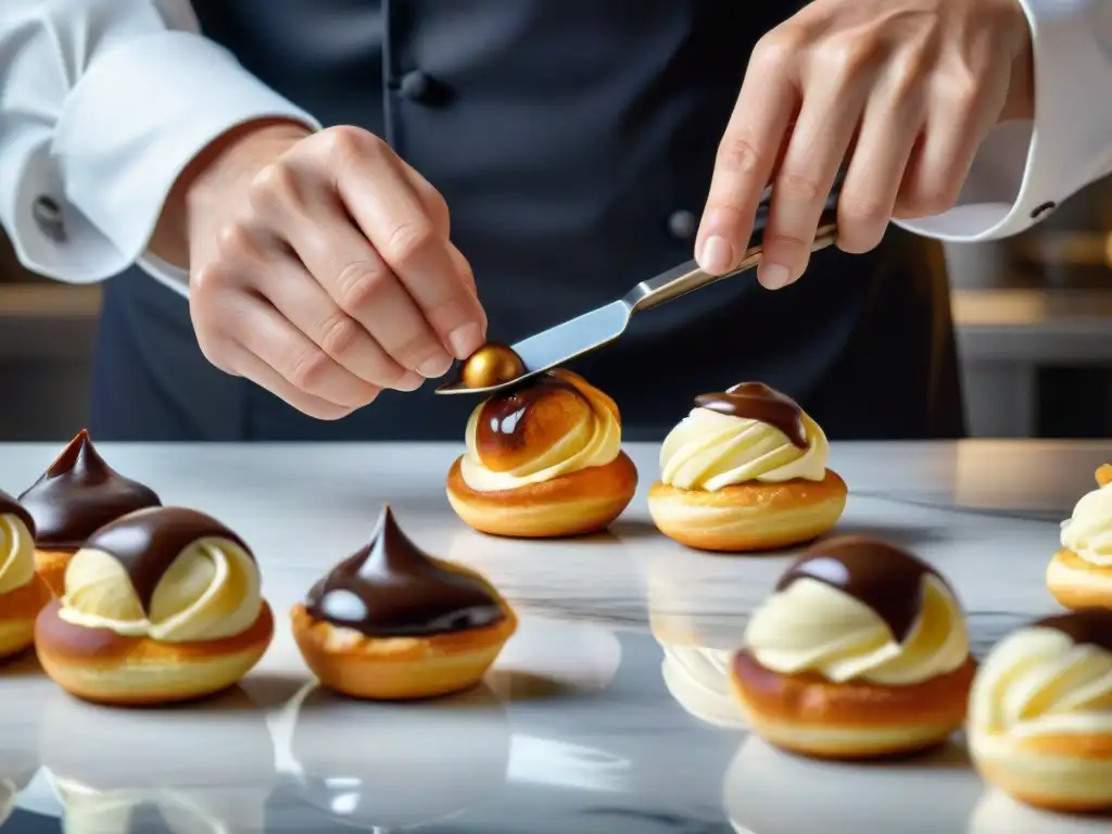 Un chef pastelero preparando profiteroles gourmet con precisión y elegancia en una cocina impecablemente organizada