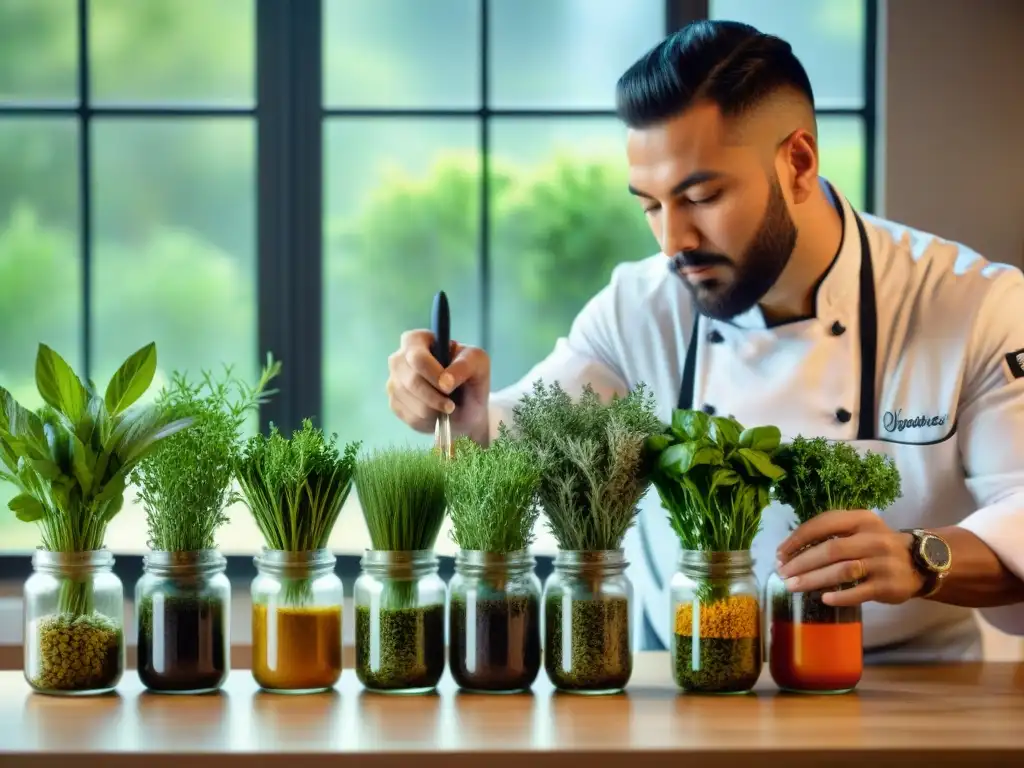 Un chef mezcla personalizada hierbas para platos gourmet en una cocina elegante y detallada