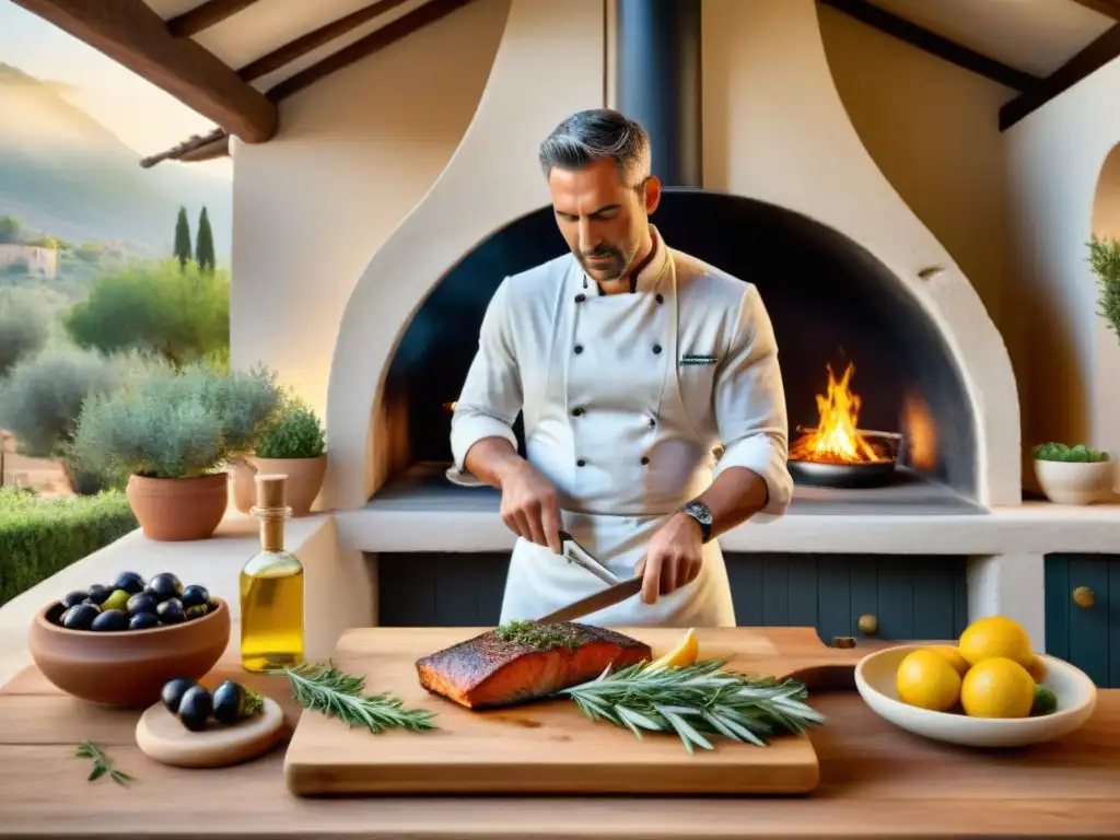 Un chef prepara pescado ahumado en una cocina mediterránea