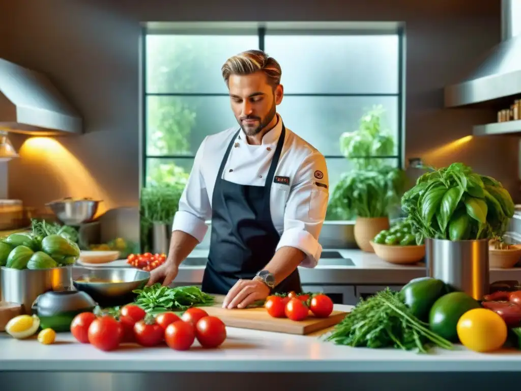 Un chef prepara un plato en una cocina bulliciosa con ingredientes frescos locales, ideal para maridajes cervezas