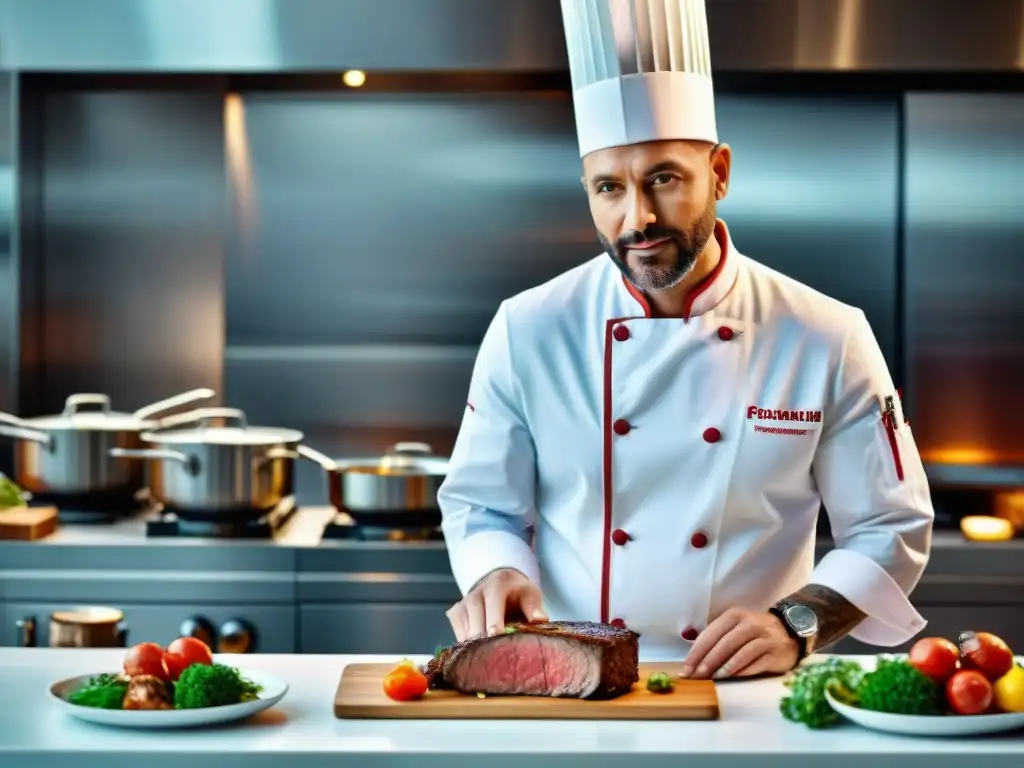 Chef preparando plato gourmet con carne cultivada en alta gastronomía