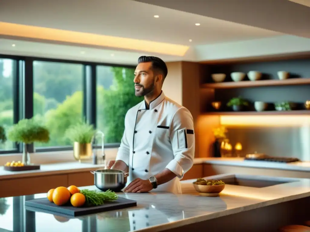 Un chef prepara un plato gourmet en una Cocina de Autor en Hogar, rodeado de admiradores