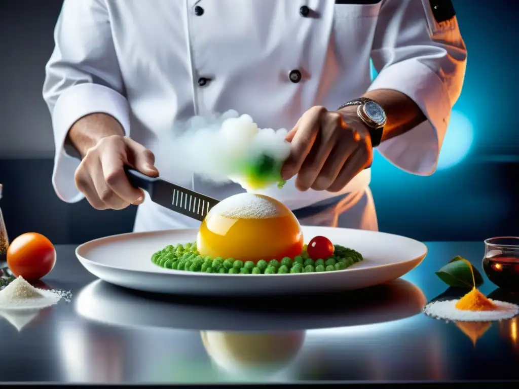 Chef de alta cocina: arte molecular en acción Chef creando plato vanguardista con técnicas de gastronomía molecular