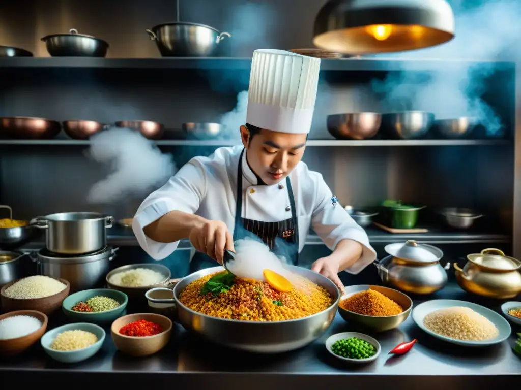 Un chef prepara platos con arroz glutinoso en una cocina asiática tradicional, capturando la esencia de la gastronomía asiática