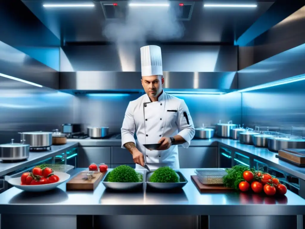 Un chef creando platos innovadores con herramientas de alta tecnología, fusionando arte culinario y física en su laboratorio de cocina moderno