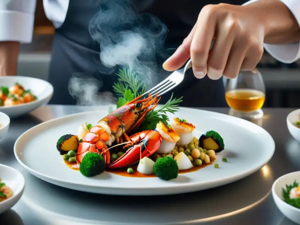 Un chef preparando platos inolvidables de mariscos exóticos gourmet en una cocina profesional