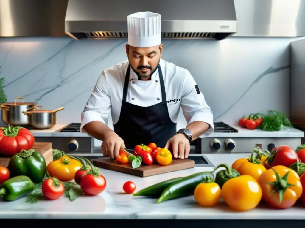 Un chef reinventa platos tradicionales gourmet en una cocina moderna y elegante, rodeado de ingredientes frescos