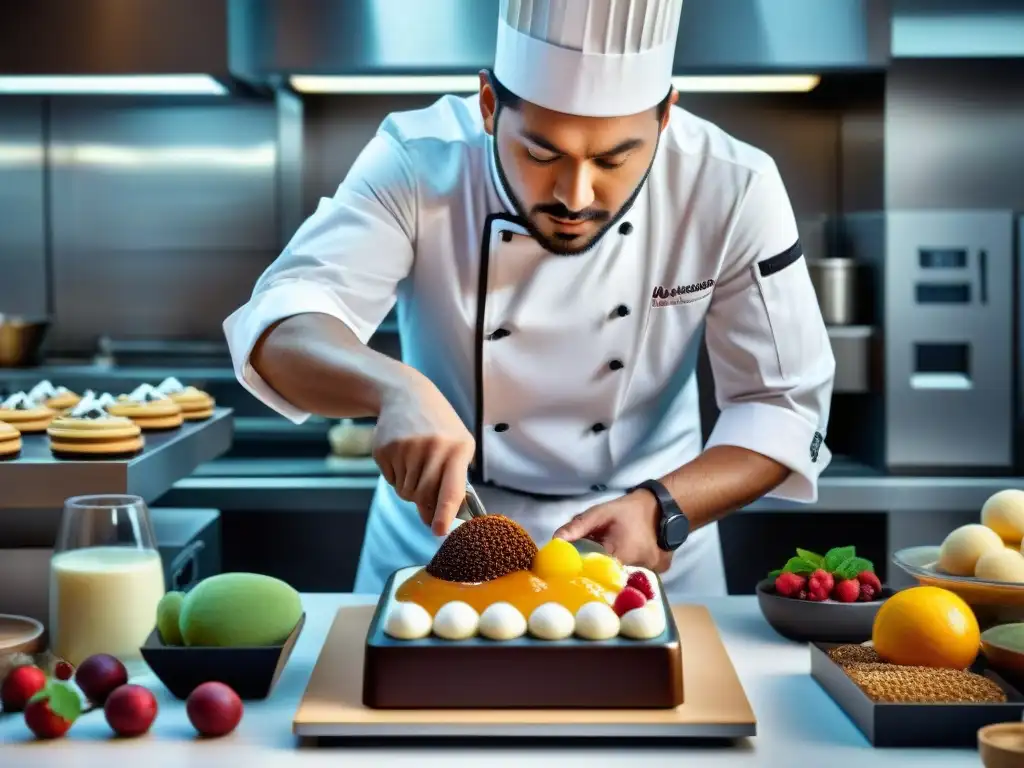 Un chef creando postres creativos con técnica de vacío, rodeado de ingredientes variados