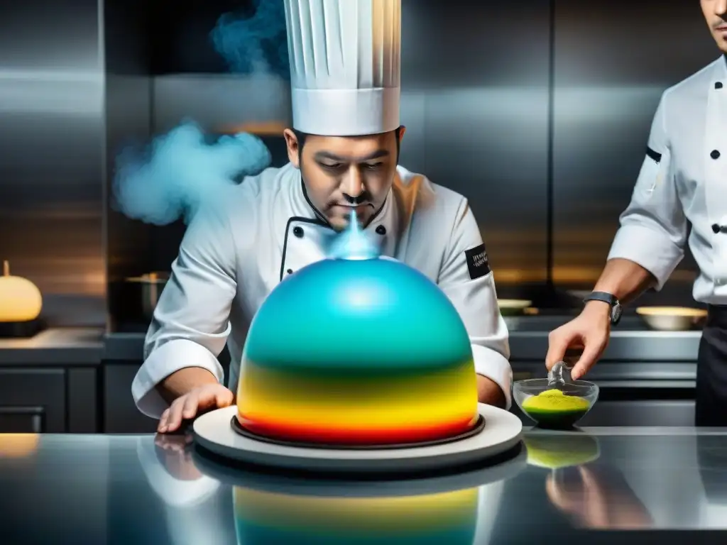 Un chef crea postres creativos con técnica de vacío en una cocina moderna y elegante