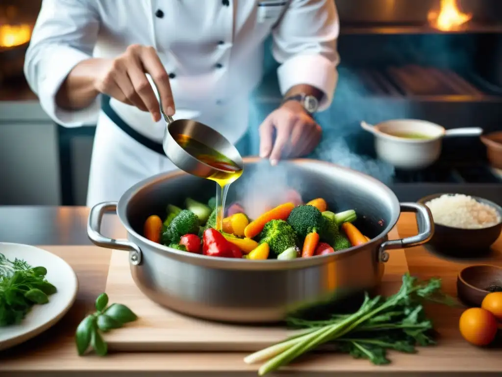 Un chef prepara con precisión un confitado creativo técnica platos con vegetales vibrantes en aceite aromático