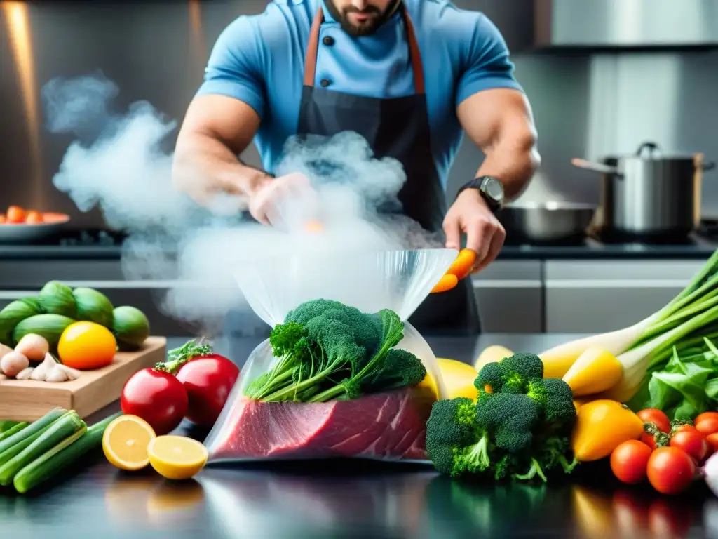 Un chef sellando con precisión ingredientes de temporada en bolsas al vacío, destacando la técnica de la cocina al vacío