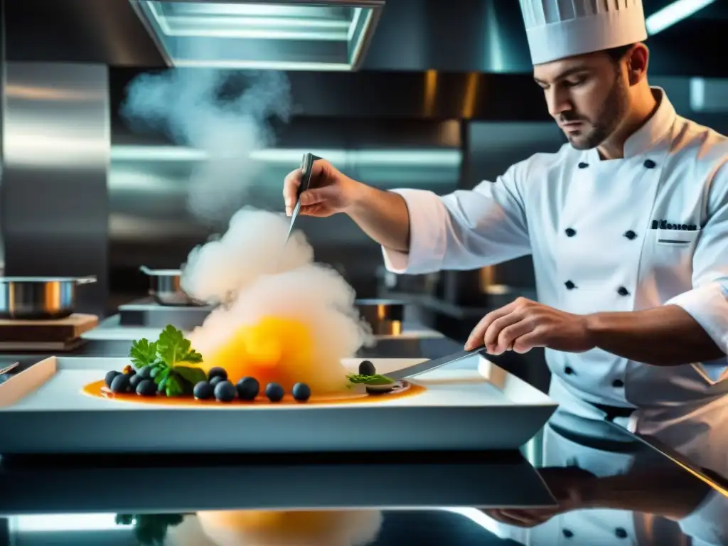 Un chef prepara con precisión un plato de gastronomía molecular en cocina de alta gama