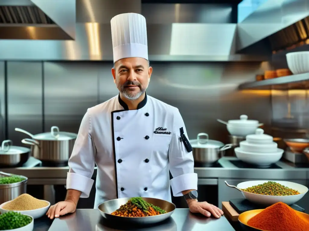 Un chef prestigioso preparando cocina internacional con pasión en una cocina moderna y equipada