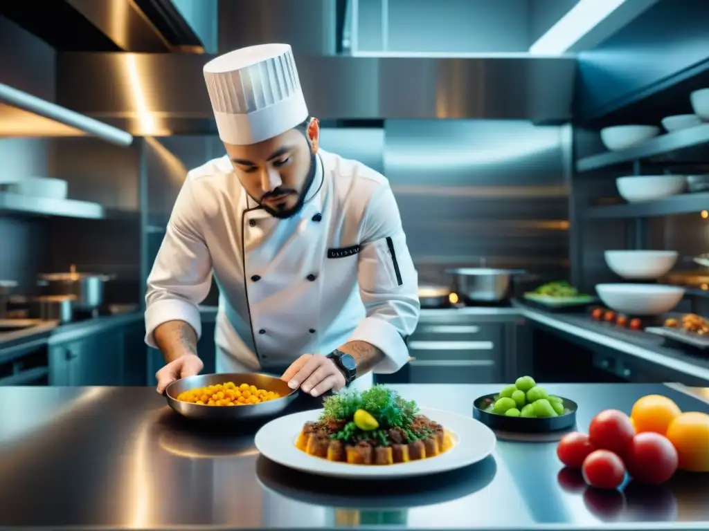 Un chef prestigioso examina un plato gourmet impreso en 3D en una cocina de alta tecnología