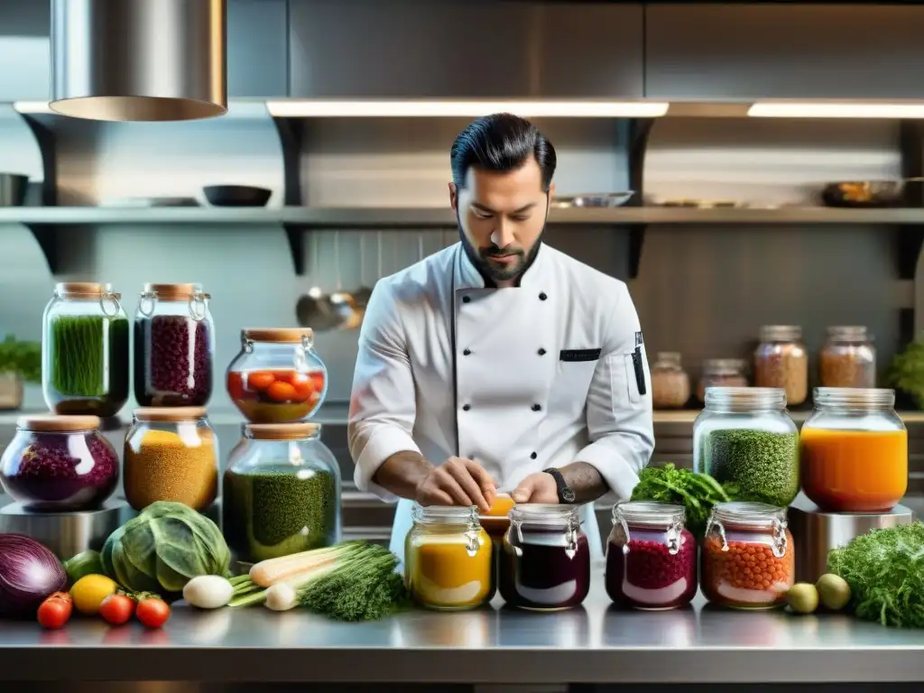 Un chef profesional dominando la fermentación en alta cocina, rodeado de ingredientes coloridos en un ambiente moderno y elegante