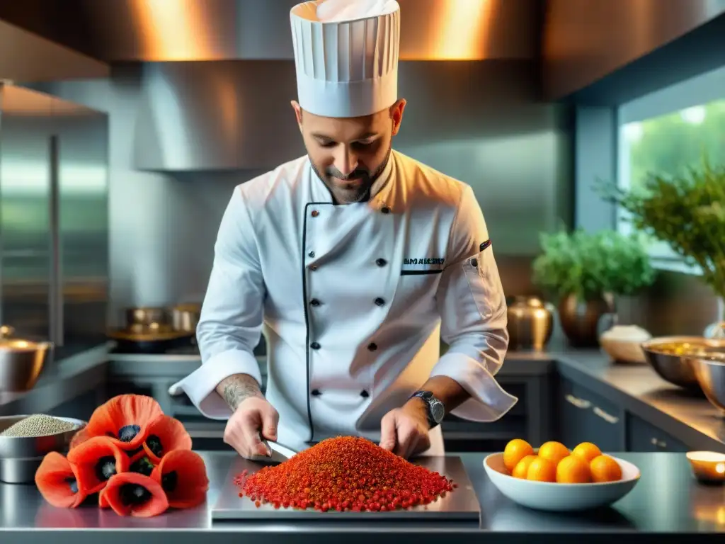 Un chef profesional incorpora amapolas rojas en una receta gourmet en una cocina moderna y luminosa