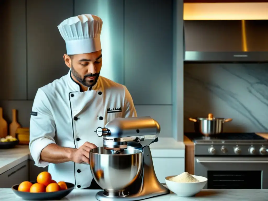 Un chef profesional utiliza una batidora de pie alta calidad en una cocina moderna y elegante