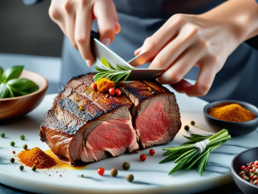 Un chef profesional sazona una carne premium con especias exóticas y hierbas frescas, en una cocina moderna