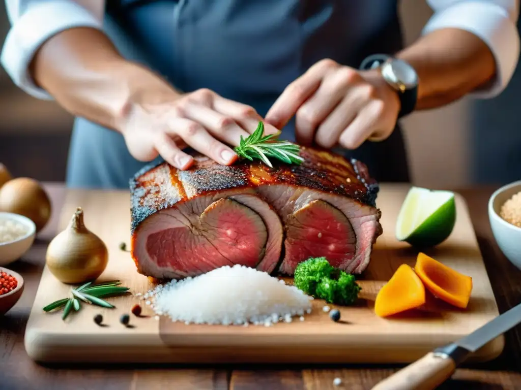 Un chef profesional curando carne con salmuera y especias, resaltando técnicas para carnes exquisitas