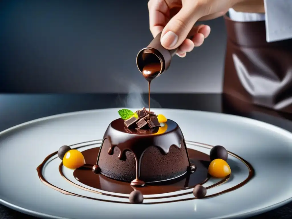 Un chef profesional incorpora el chocolate derretido en una elegante creación de postre en una lujosa cocina moderna