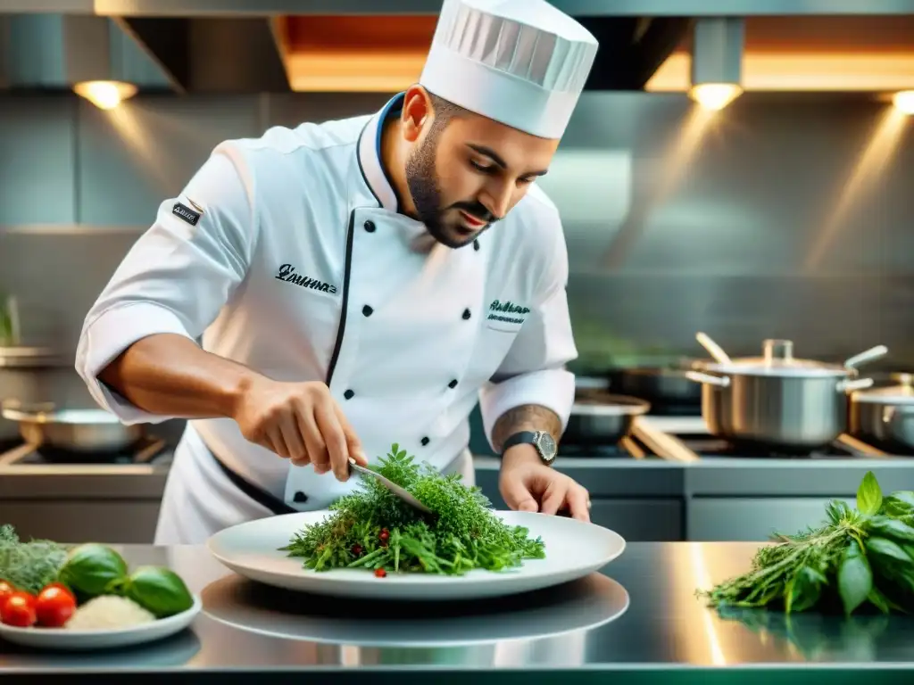 Un chef profesional en una cocina de alta gama, esparciendo hierbas aromáticas frescas sobre un plato gourmet, creando una obra maestra culinaria