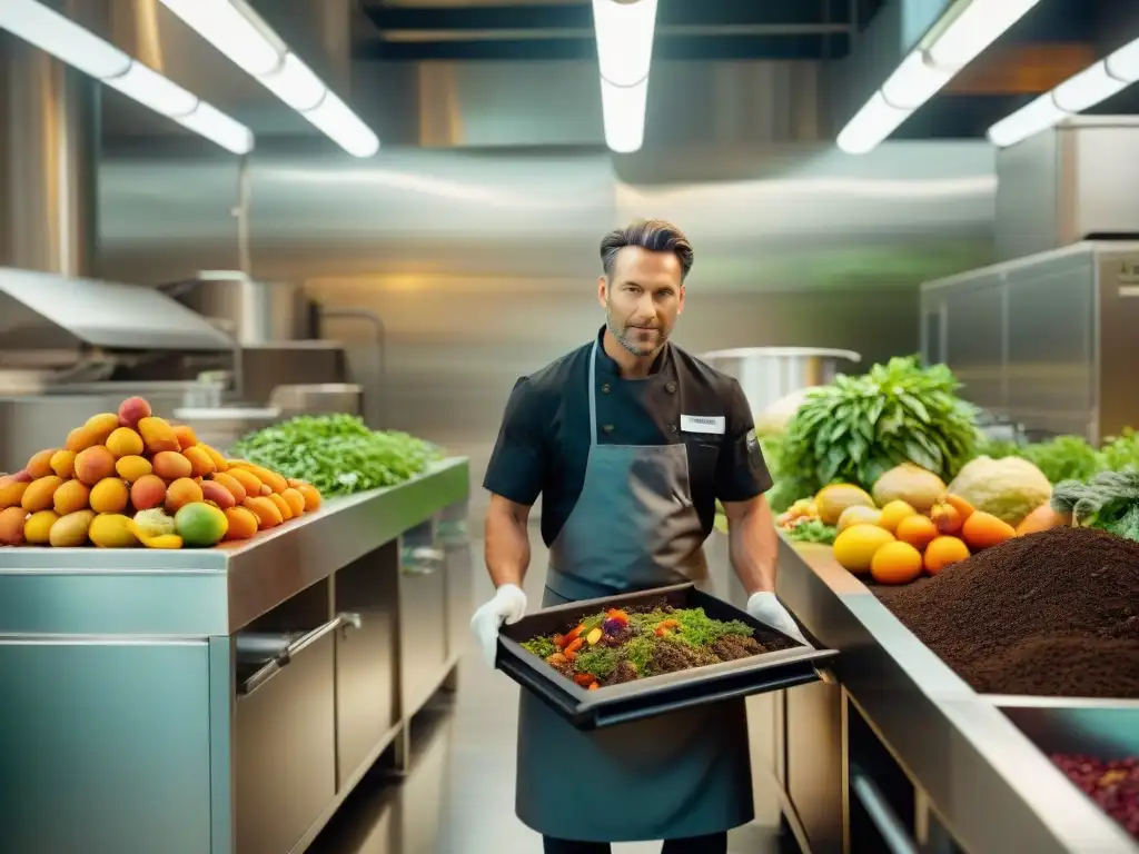 Un chef profesional en una cocina bulliciosa realizando compostaje para chefs conscientes