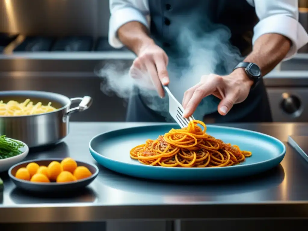 Un chef profesional en una cocina gourmet usando utensilios de silicona con destreza