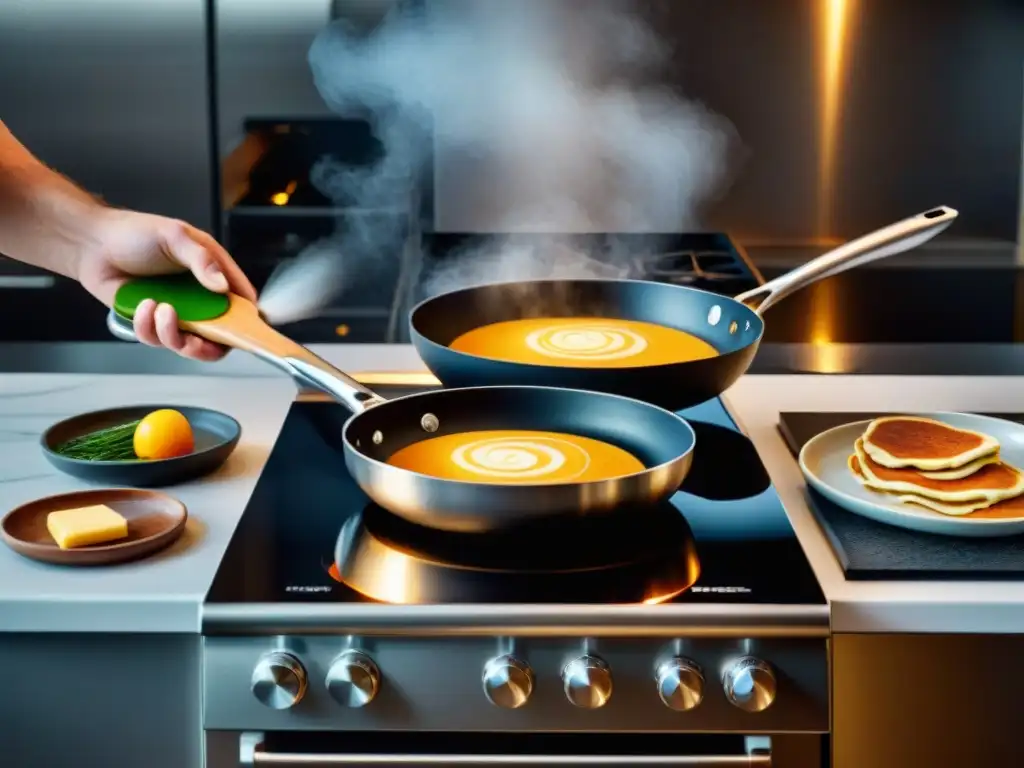 Un chef profesional en una cocina de lujo utilizando utensilios de silicona para chefs