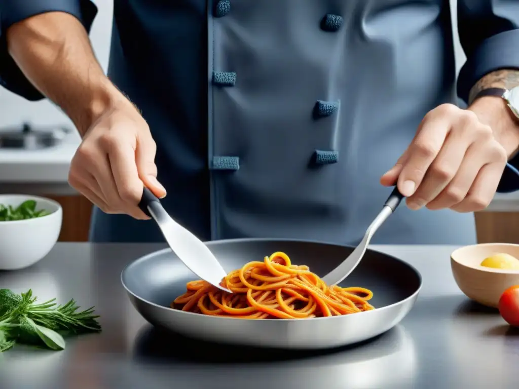 Un chef profesional en una cocina de lujo usando utensilios de silicona para chefs