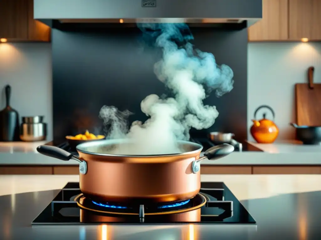 Un chef profesional cocina en una lujosa isla de cocina con sartenes y ollas de lujo