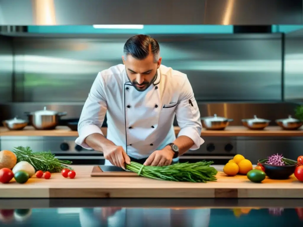 Chef profesional en cocina Mediterránea moderna preparando plato al vacío con ingredientes frescos