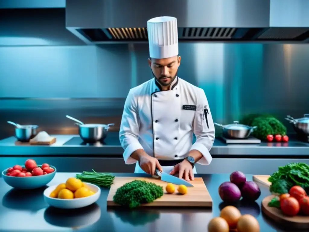 Un chef profesional en una cocina moderna, reinventando platos tradicionales con técnicas modernas