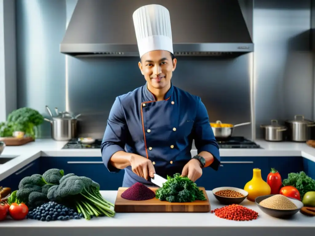 Un chef profesional en una cocina moderna, cocinando con superfoods