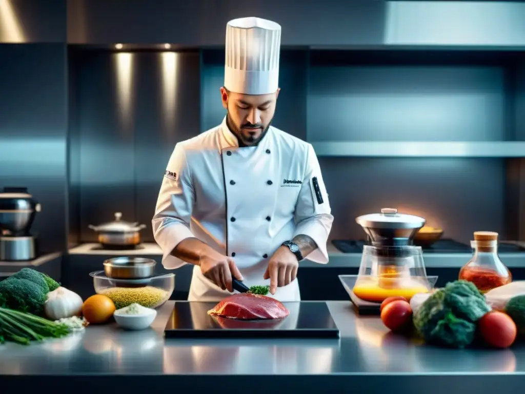 Chef profesional en cocina moderna, preparando ingredientes para cocinar al vacío: técnica revolucionaria