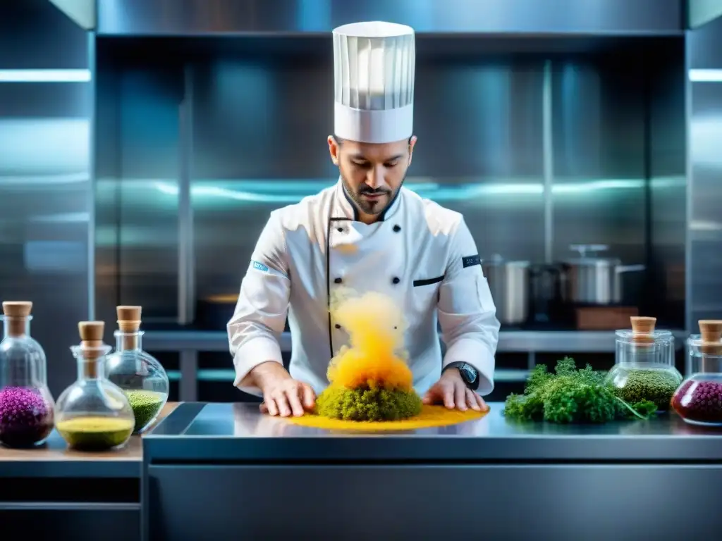 Un chef profesional en una cocina de gastronomía molecular infundiendo hierbas y especias en un líquido transparente con precisión y concentración