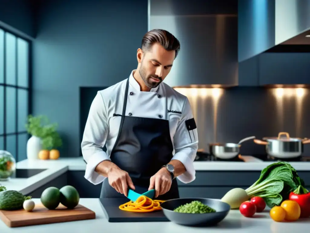 Un chef profesional preparando una comida gourmet en una cocina moderna con utensilios de silicona para chefs