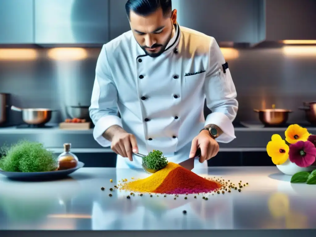 Cocina moderna con chef experto fusionando tradición y vanguardia Un chef profesional preparando comidas tradicionales versiones contemporáneas en una cocina vibrante y moderna