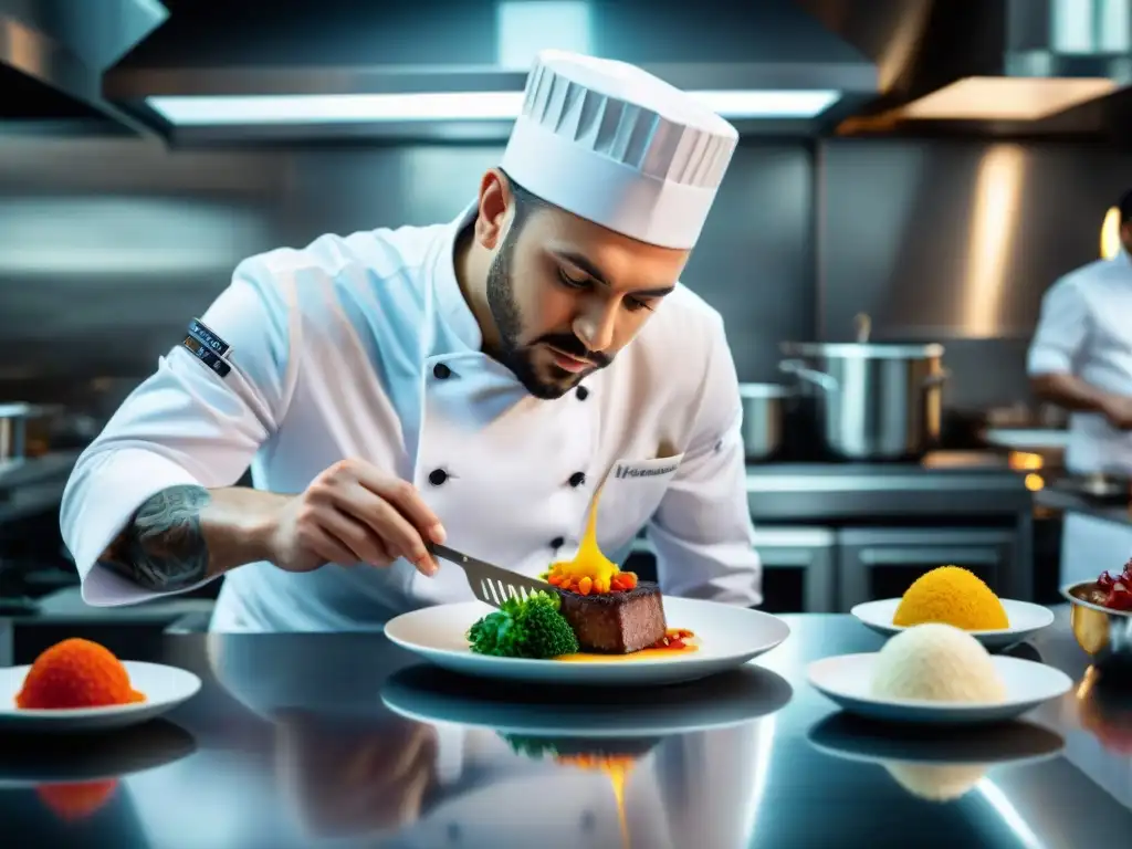 Un chef profesional concentrado en plato gourmet en cocina de alta gama