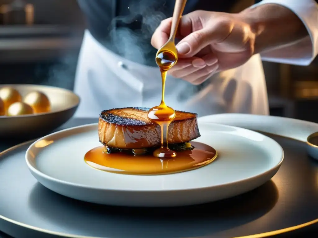 Un chef profesional realiza un confitado creativo técnica platos con foie gras y miel dorada