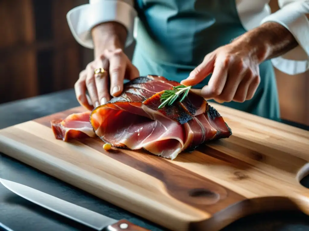 Un chef profesional corta con precisión un jamón curado con textura brillante, emanando un aroma rico