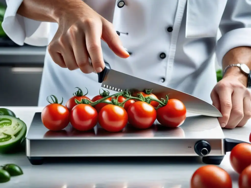 Un chef profesional corta tomates perfectamente con una mandolina de acero inoxidable, mostrando maestría culinaria