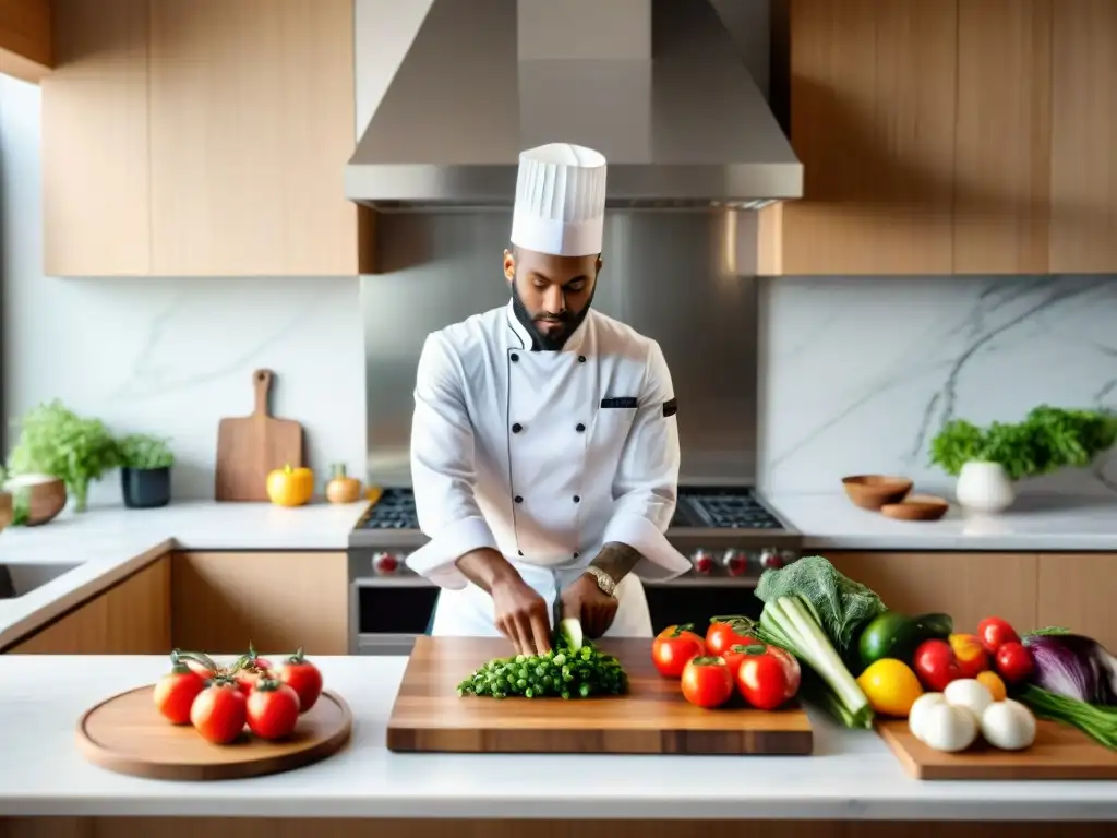 Un chef profesional corta vegetales en una cocina moderna, con ingredientes frescos y una laptop mostrando clases virtuales cocina gourmet online